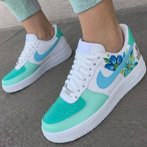 Custom AF 1s Shoes Baby Blue Aqua Flowers-oicustom