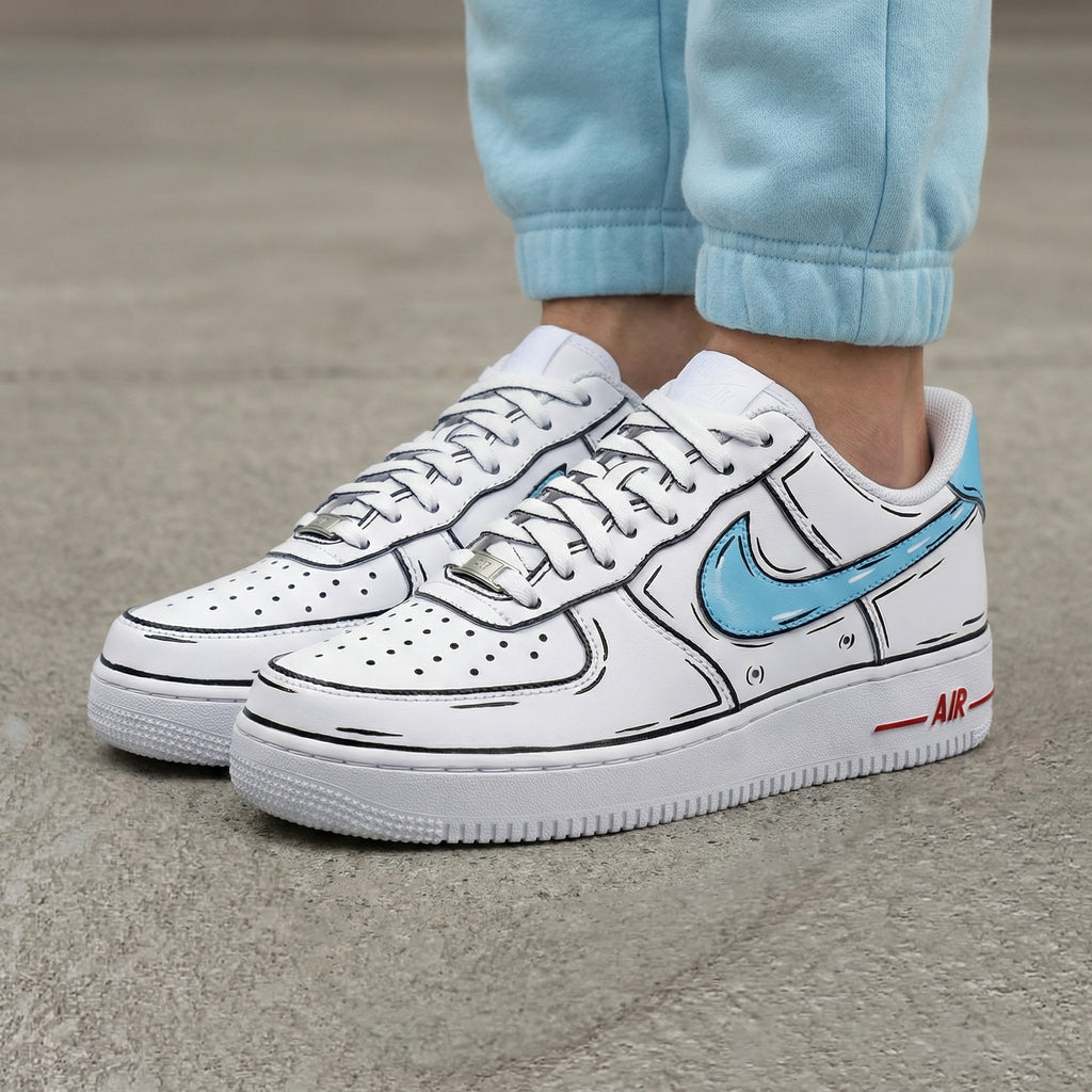 Custom AF 1s Shoes Baby Blue Black Cartoon Outline-oicustom
