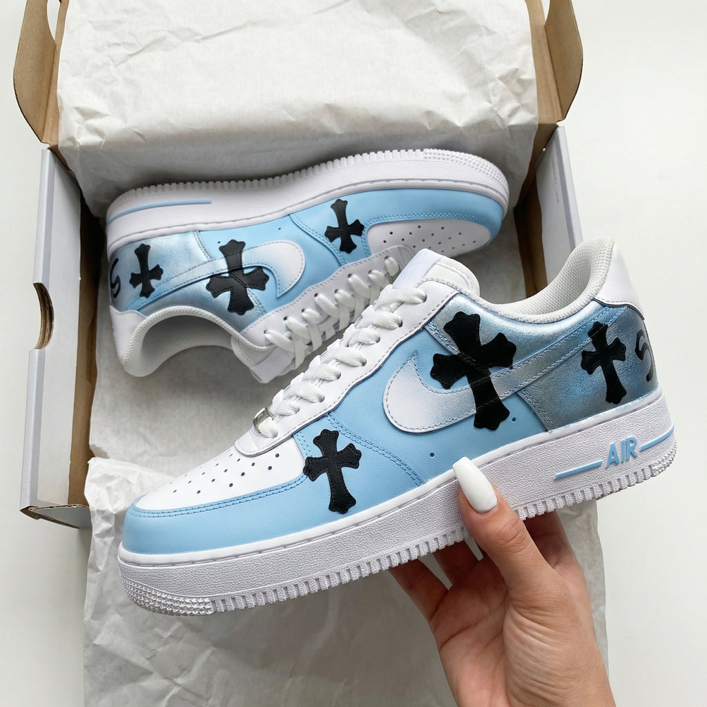 Custom AF 1s Shoes Baby Blue Black Crosses-oicustom