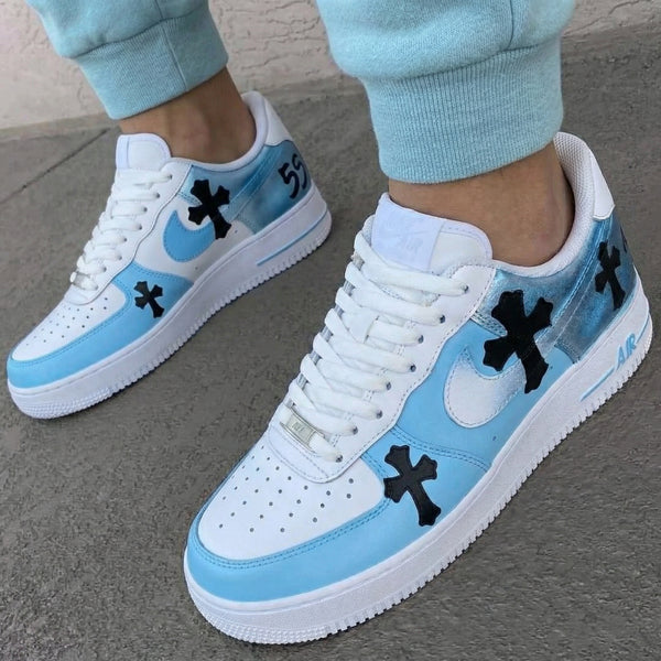 Custom AF 1s Shoes Baby Blue Black Crosses-oicustom