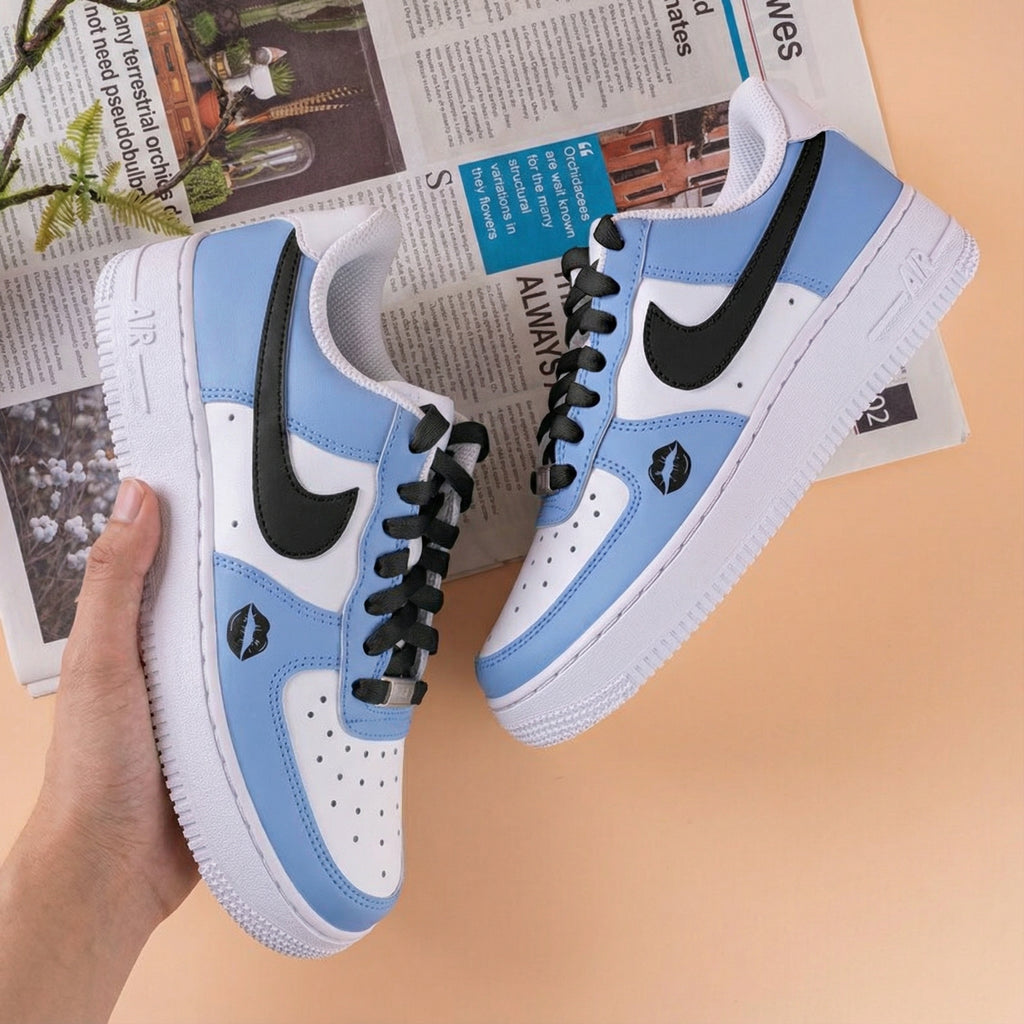 Custom AF 1s Shoes Baby Blue Black Lip Print-oicustom