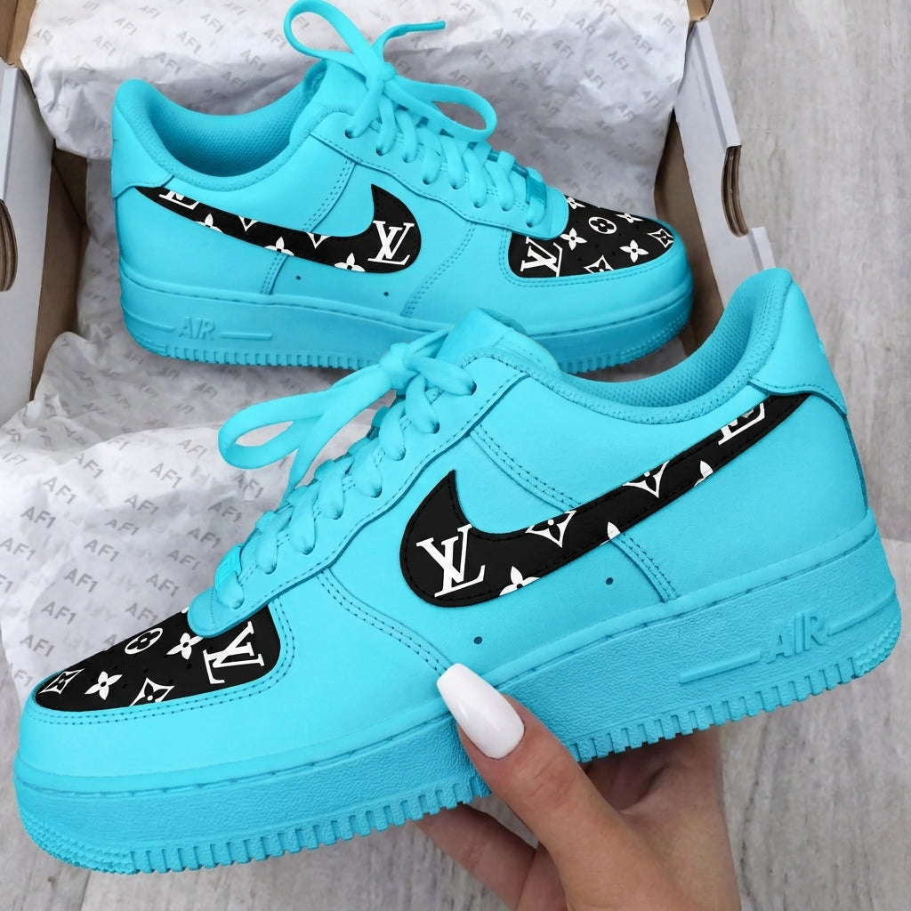 Custom AF 1s Shoes Baby Blue Black LV-oicustom