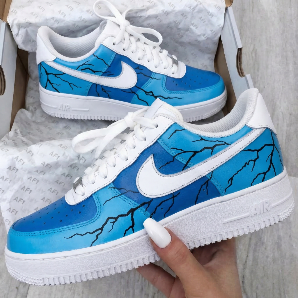 Custom AF 1s Shoes Baby Blue Blue Black Lightning Pattern-oicustom