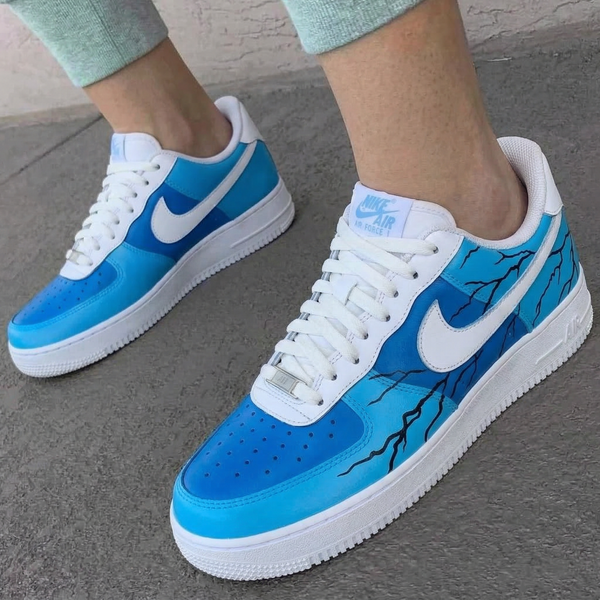 Custom AF 1s Shoes Baby Blue Blue Black Lightning Pattern-oicustom