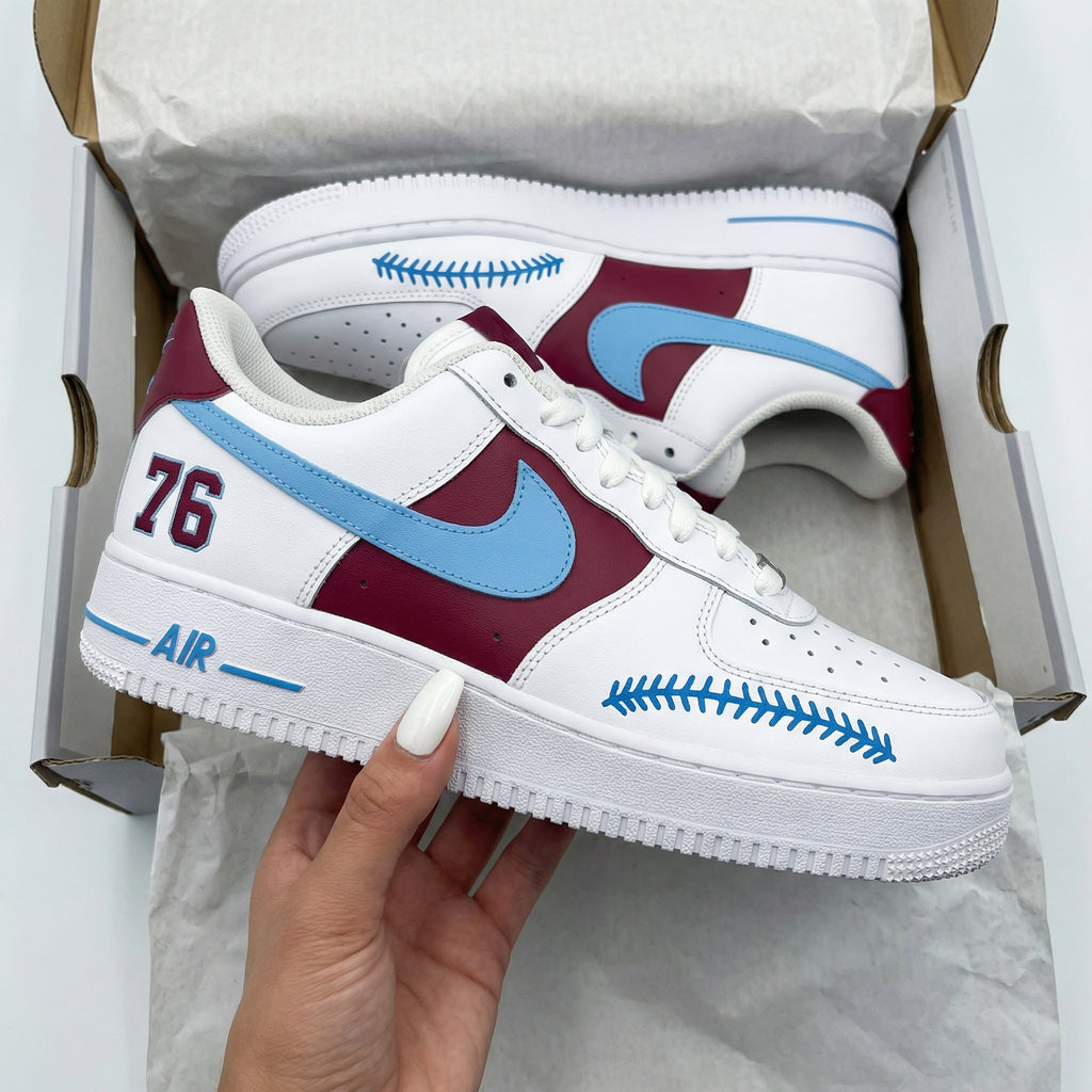 Custom AF 1s Shoes Baby Blue Burgundy Baseball Stitch Number 76-oicustom