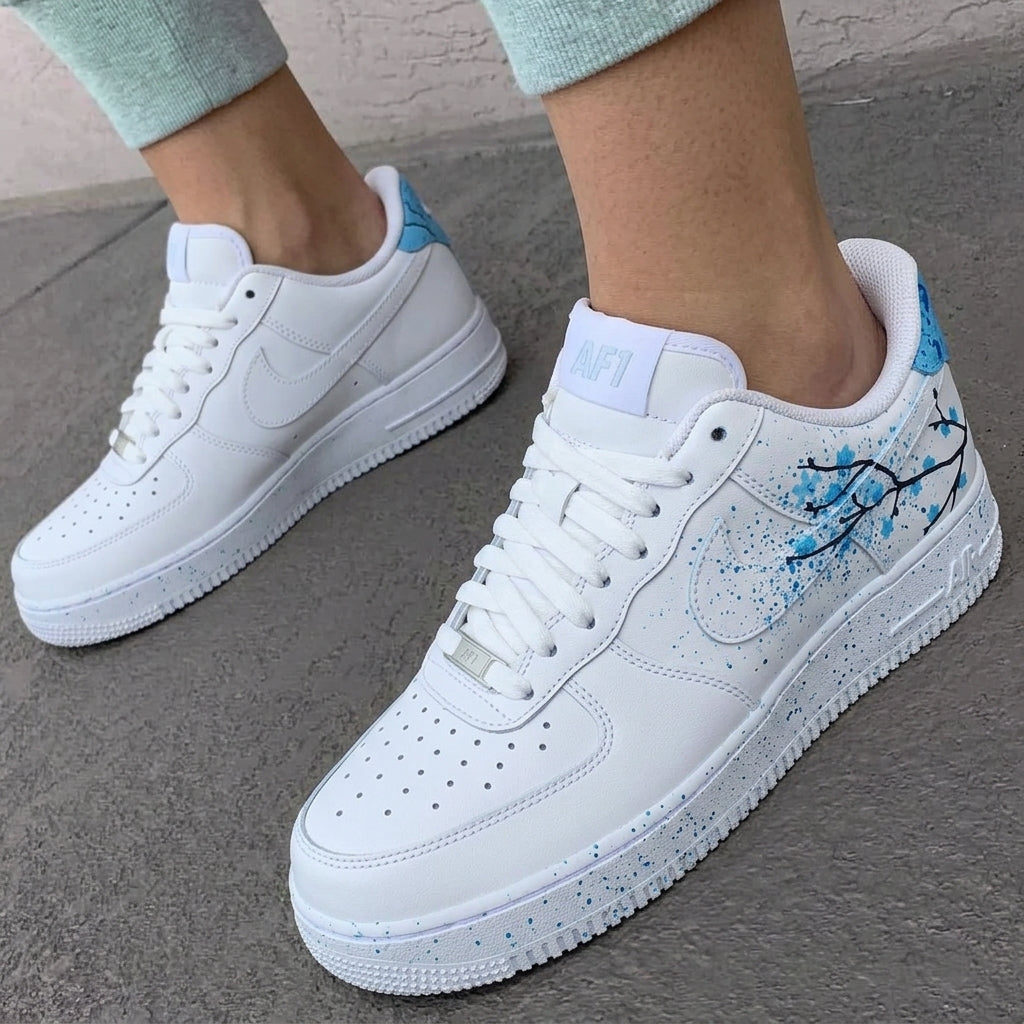 Custom AF 1s Shoes Baby Blue Cherry Blossom Branches Splatter-oicustom