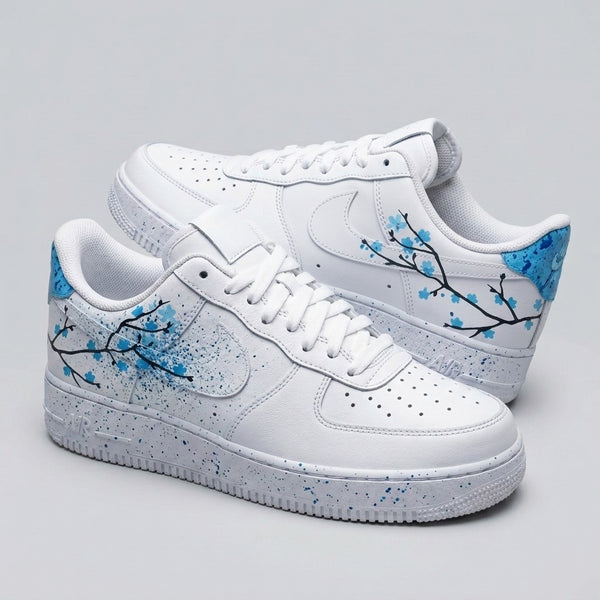 Custom AF 1s Shoes Baby Blue Cherry Blossom Branches Splatter-oicustom