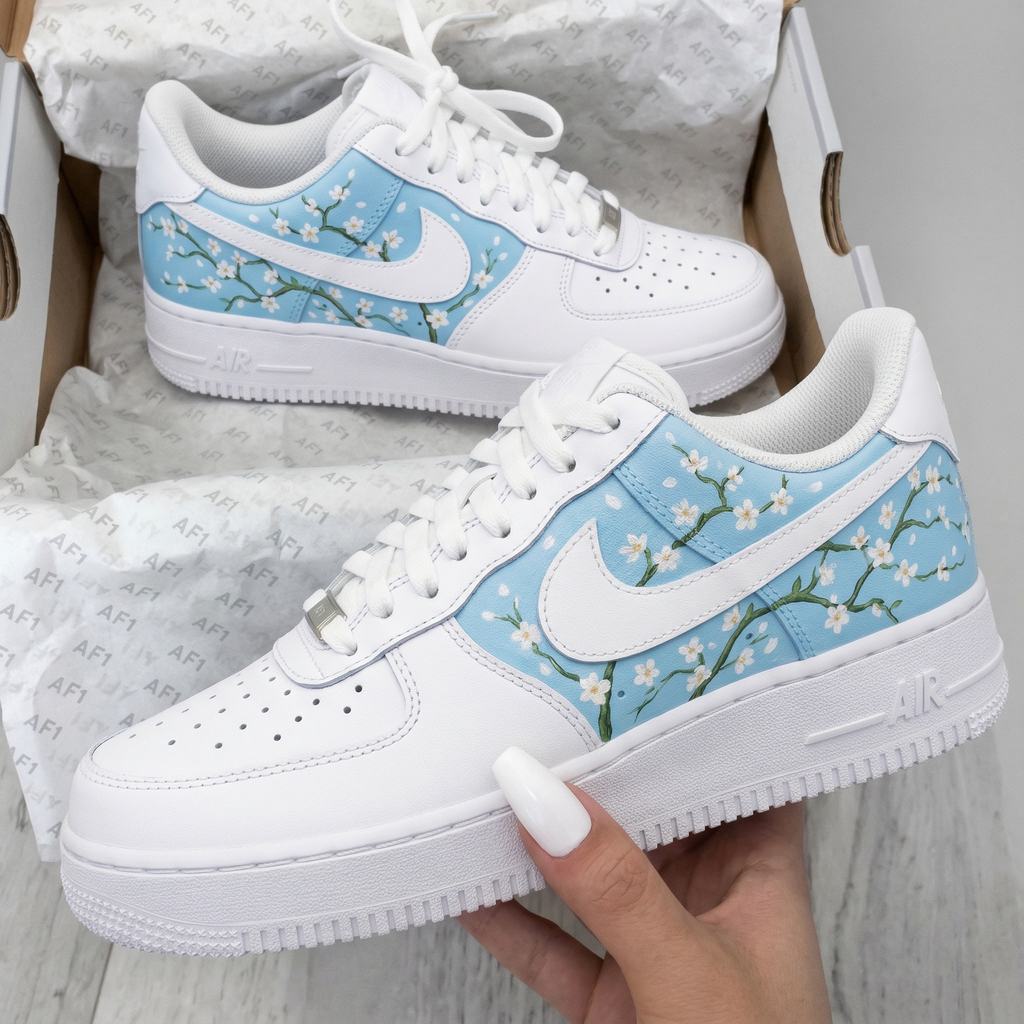 Custom AF 1s Shoes Baby Blue Cherry Blossom Pattern-oicustom