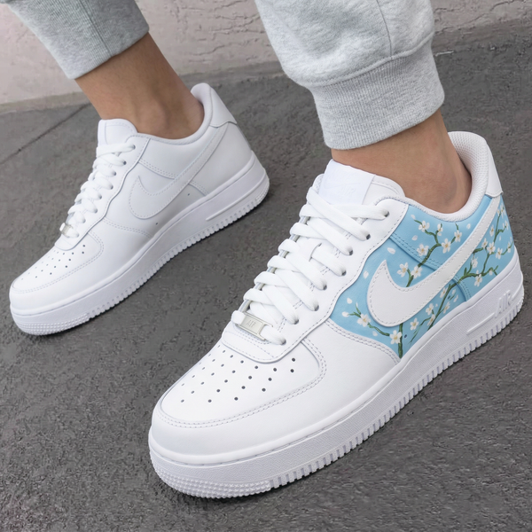 Custom AF 1s Shoes Baby Blue Cherry Blossom Pattern-oicustom