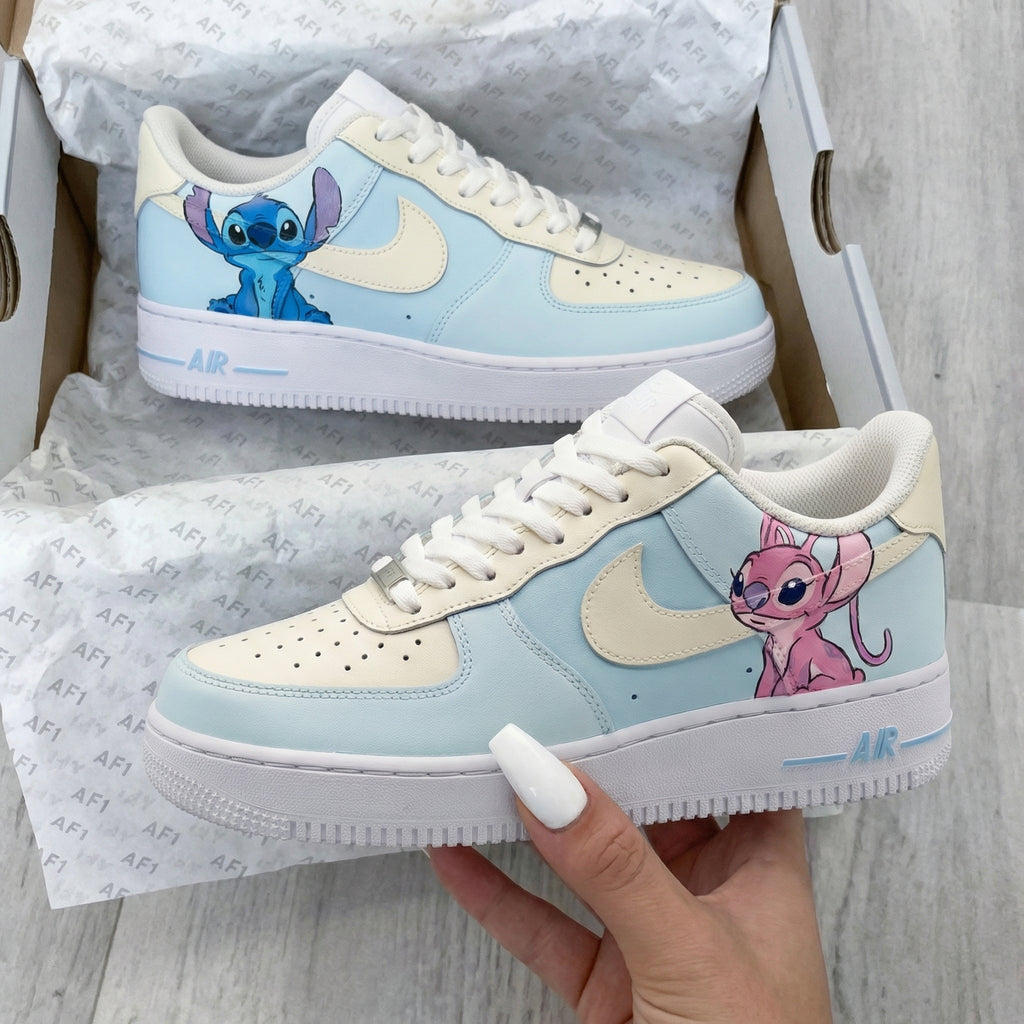 Custom AF 1s Shoes Baby Blue Cream Stitch Angel Cartoons-oicustom