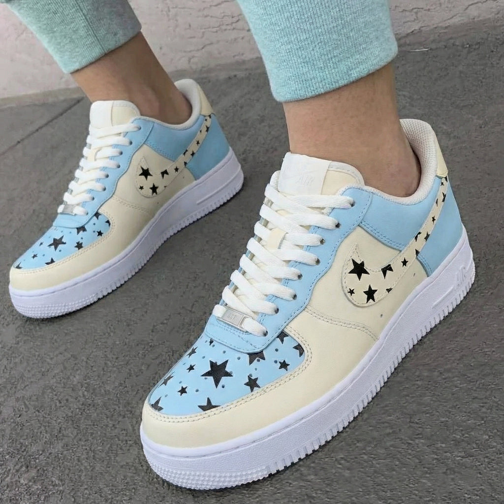 Custom AF 1s Shoes Baby Blue Cream with Star Pattern-oicustom