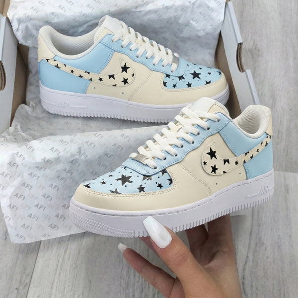 Custom AF 1s Shoes Baby Blue Cream with Star Pattern-oicustom