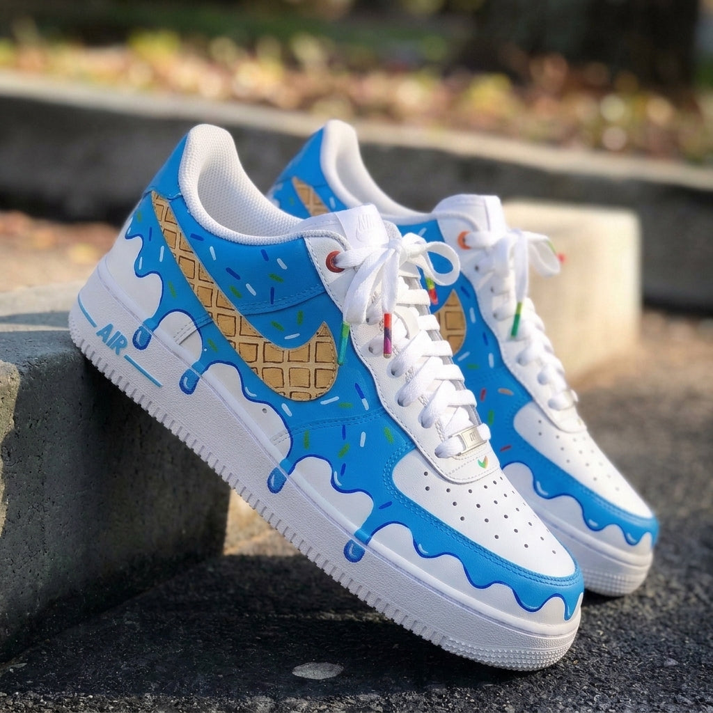 Custom AF 1s Shoes Baby Blue Dripping Ice Cream Waffle Sprinkles-oicustom