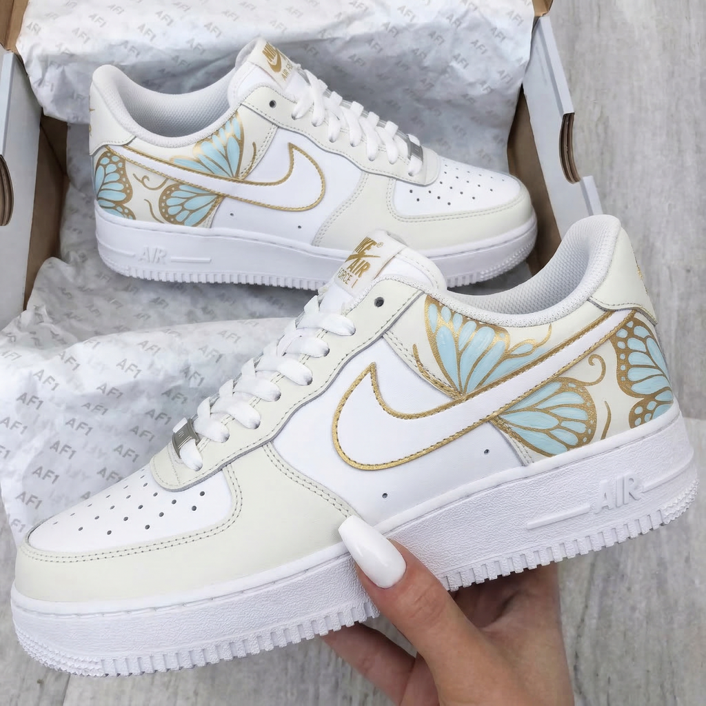 Custom AF 1s Shoes Baby Blue Gold Butterflies-oicustom