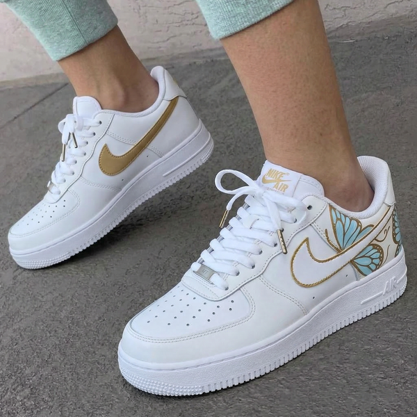 Custom AF 1s Shoes Baby Blue Gold Butterflies-oicustom