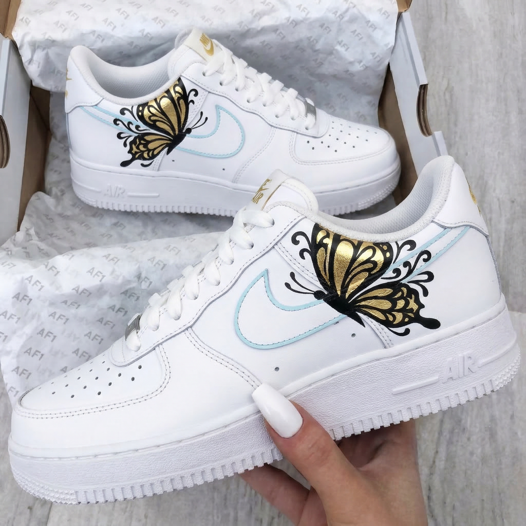 Custom AF 1s Shoes Baby Blue Gold Golden Butterflies-oicustom
