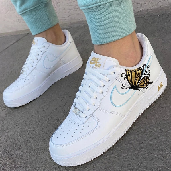 Custom AF 1s Shoes Baby Blue Gold Golden Butterflies-oicustom