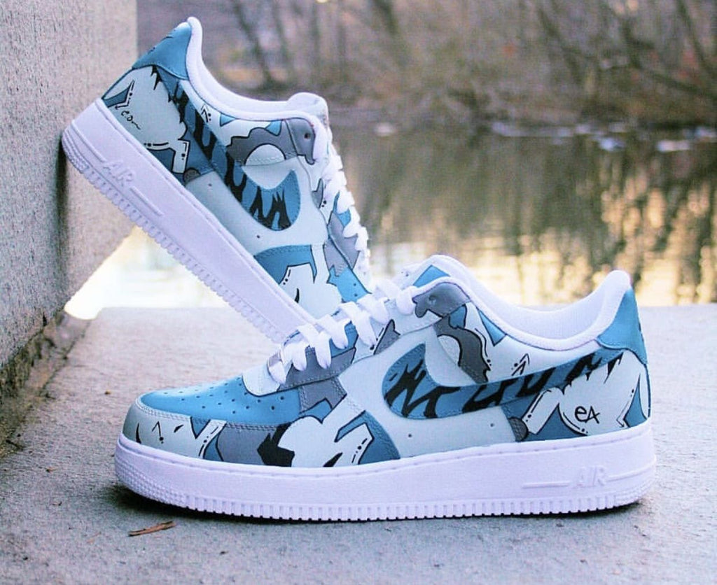 Custom AF 1s Shoes Baby Blue Gray Cartoon Pattern-oicustom