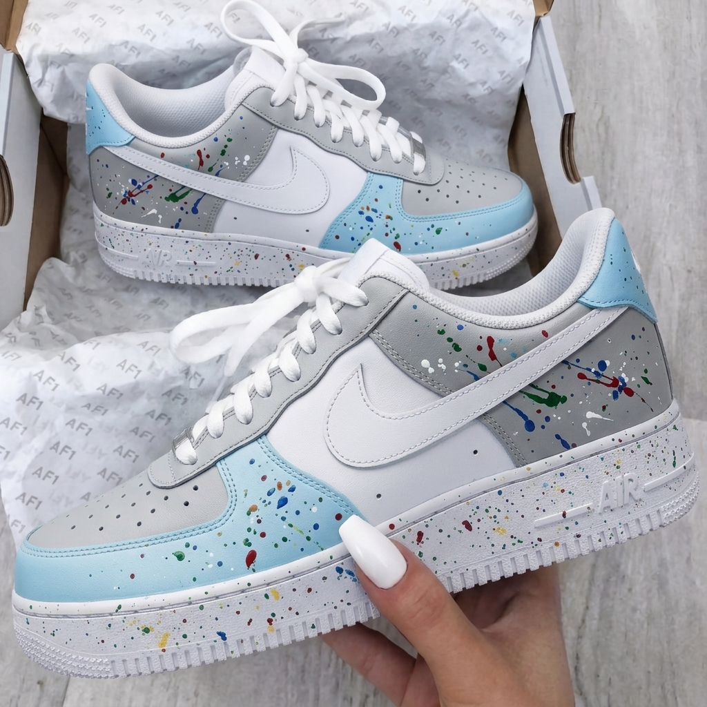 Custom AF 1s Shoes Baby Blue Grey Paint Splatter-oicustom
