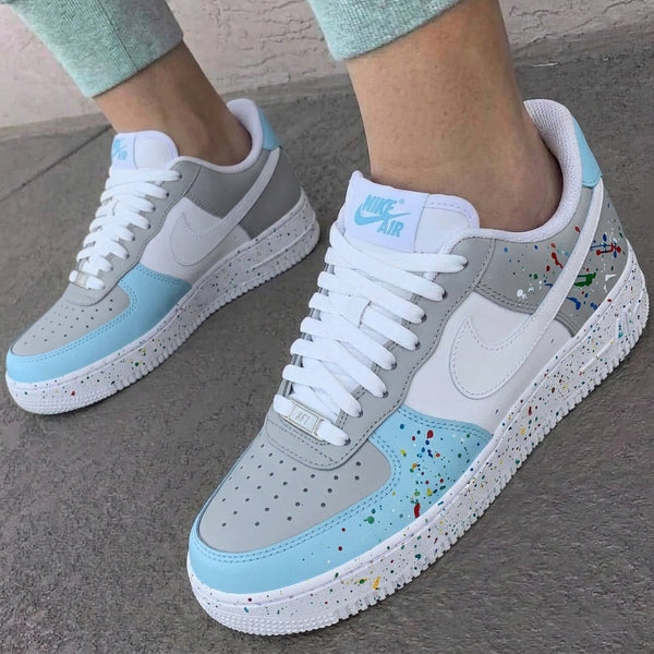 Custom AF 1s Shoes Baby Blue Grey Paint Splatter-oicustom