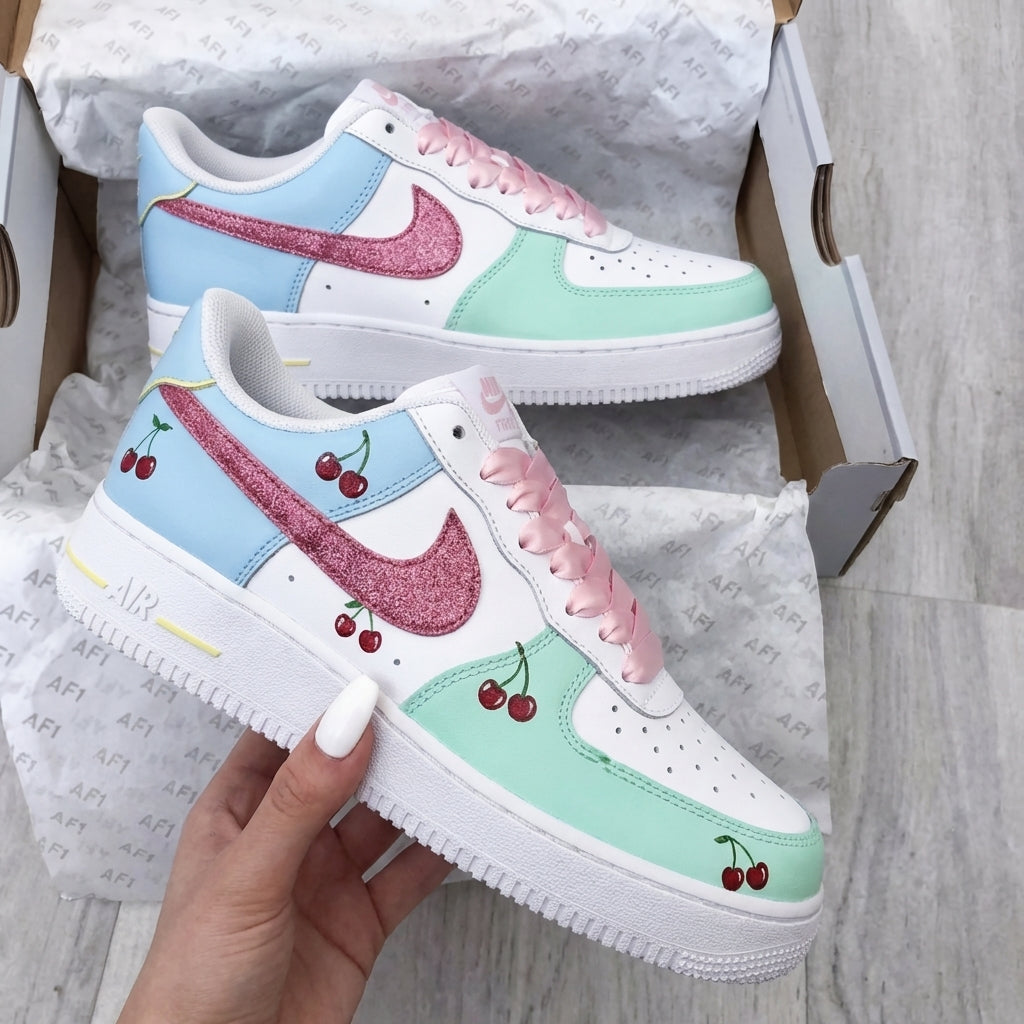 Custom AF 1s Shoes Baby Blue Mint Green Glitter Swoosh Cherries-oicustom