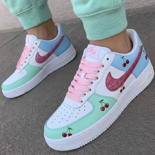 Custom AF 1s Shoes Baby Blue Mint Green Glitter Swoosh Cherries-oicustom