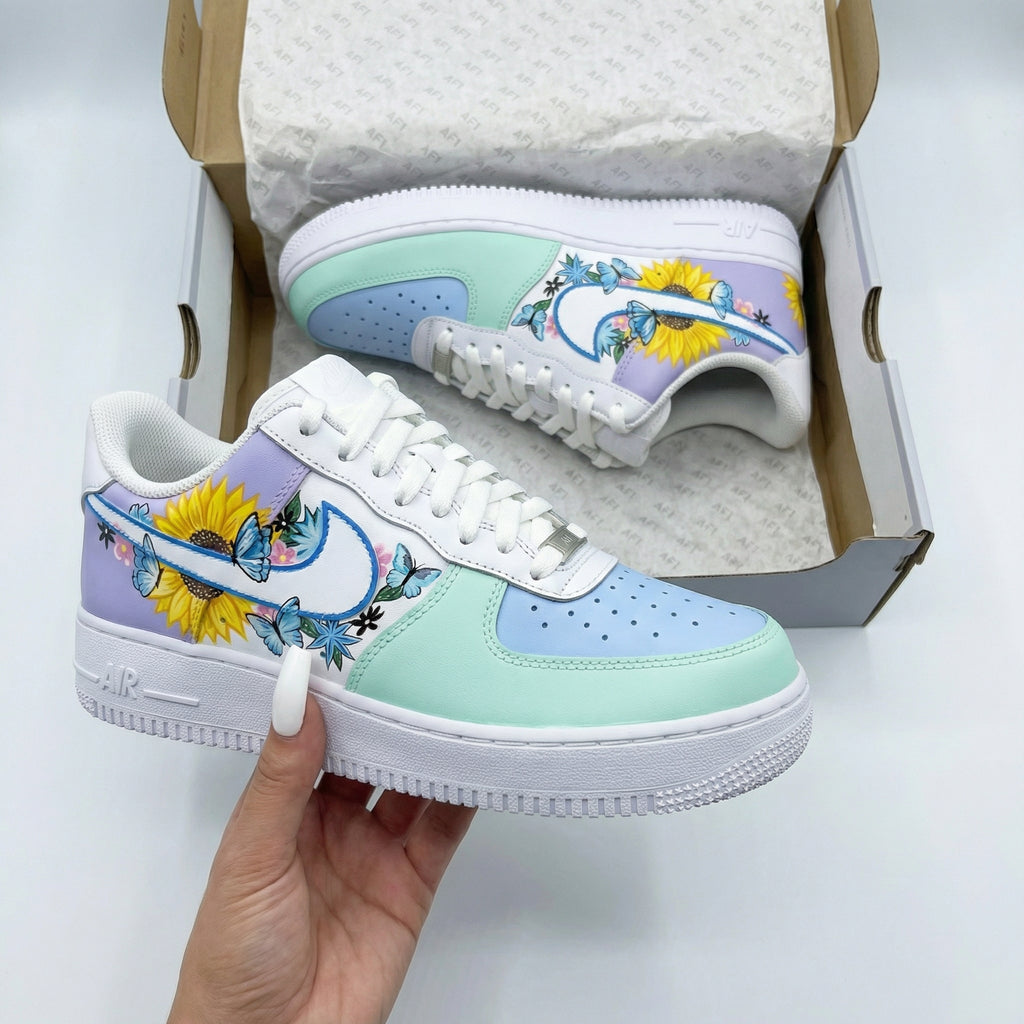 Custom AF 1s Shoes Baby Blue Mint Green Purple Sunflowers Butterflies-oicustom