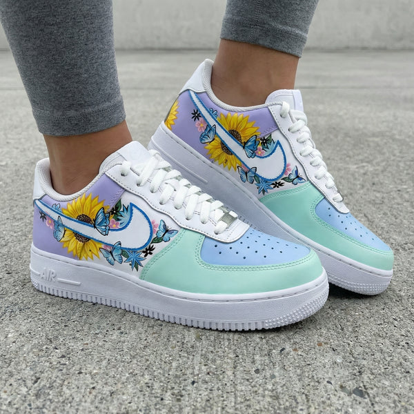 Custom AF 1s Shoes Baby Blue Mint Green Purple Sunflowers Butterflies-oicustom