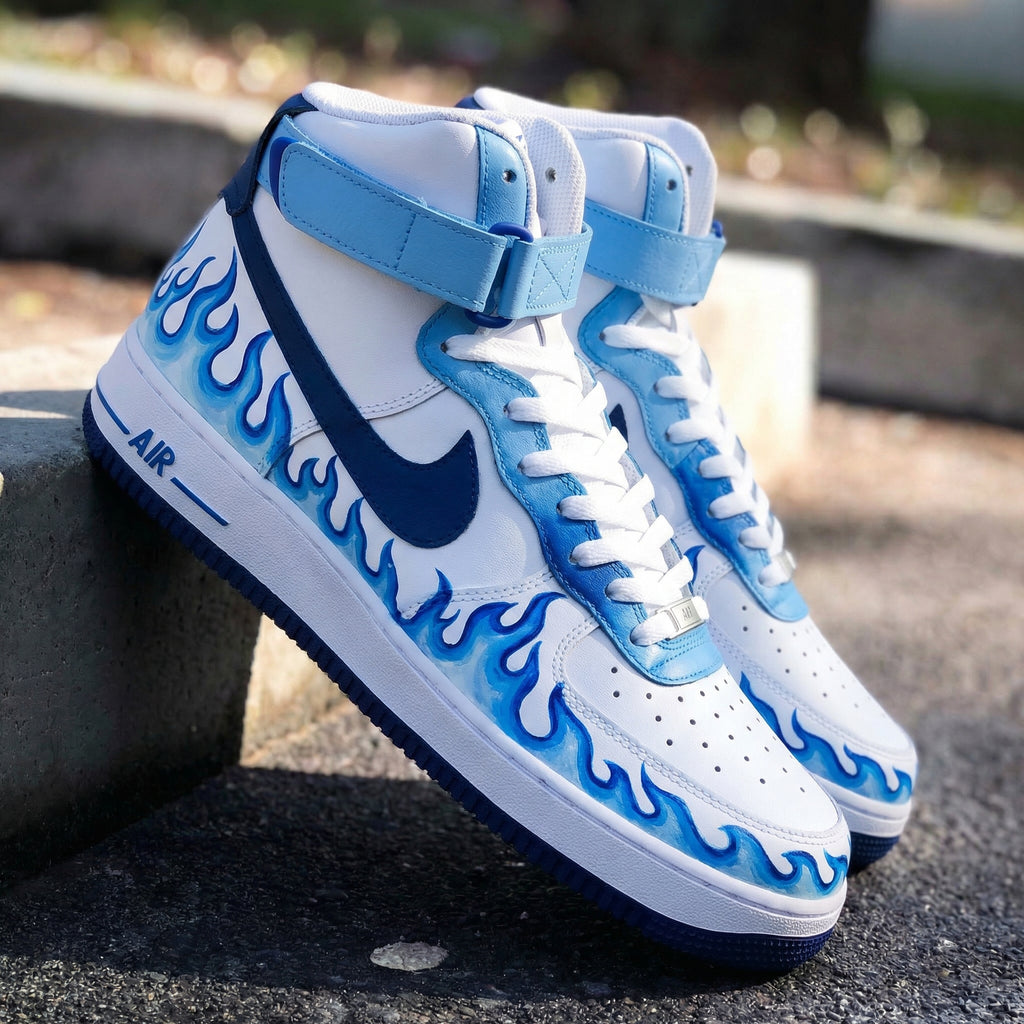 Custom AF 1s Shoes Baby Blue Navy Flame Design-oicustom