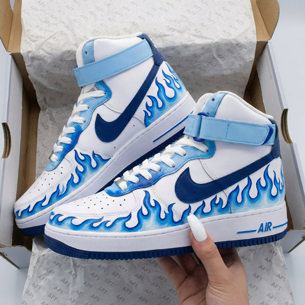 Custom AF 1s Shoes Baby Blue Navy Flame Design-oicustom