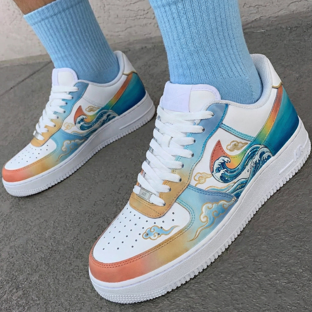 Custom AF 1s Shoes Baby Blue Orange Wave and Cloud Pattern-oicustom