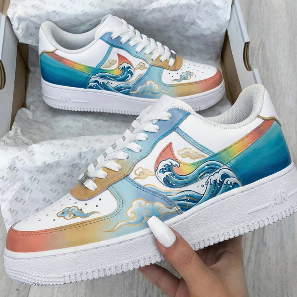Custom AF 1s Shoes Baby Blue Orange Wave and Cloud Pattern-oicustom