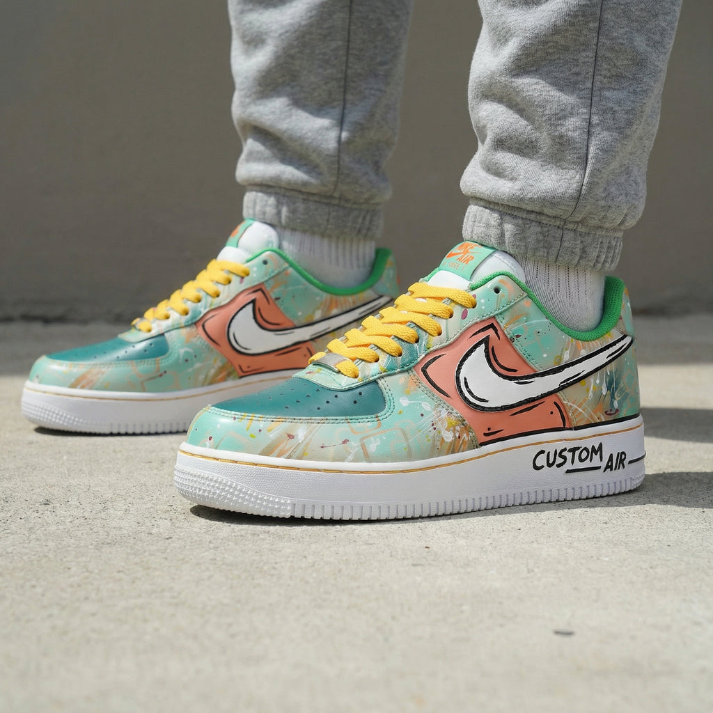 Custom AF 1s Shoes Baby Blue Peach Splatter Design-oicustom