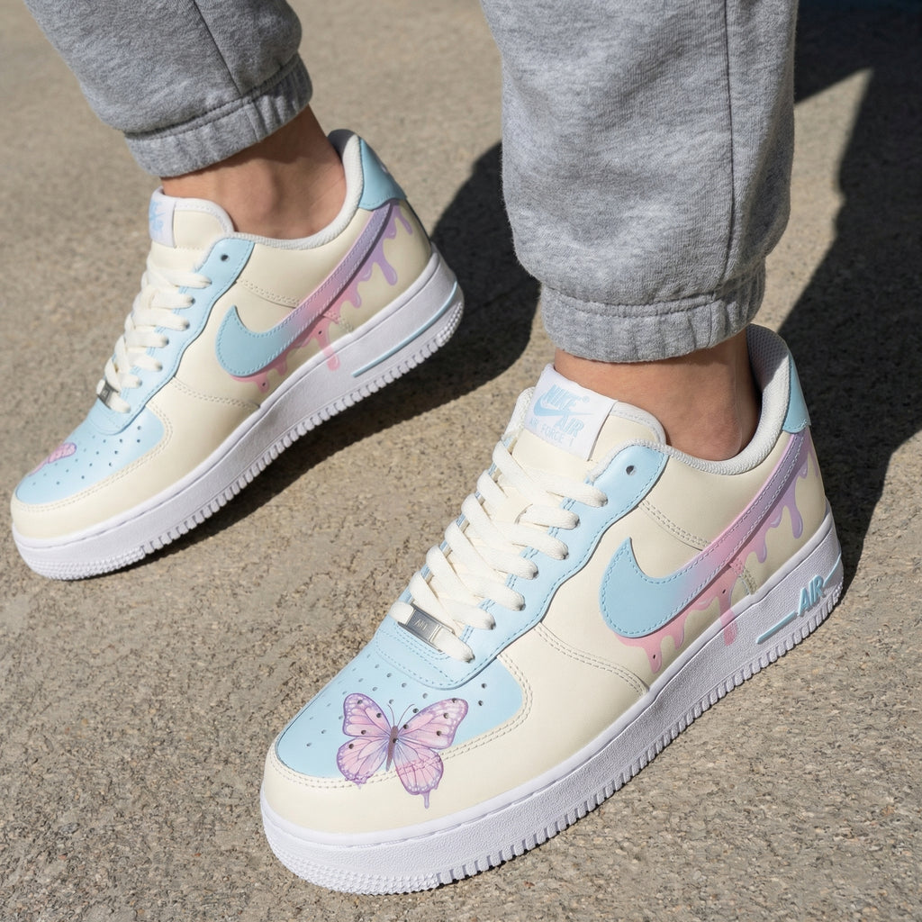 Custom AF 1s Shoes Baby Blue Pink Butterflies Drip-oicustom