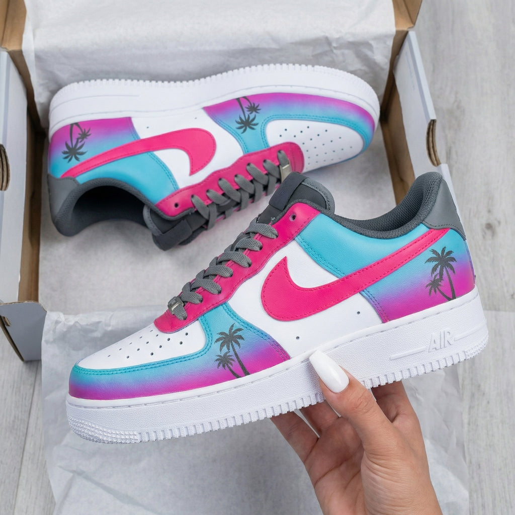 Custom AF 1s Shoes Baby Blue Pink Gray Palm Trees-oicustom