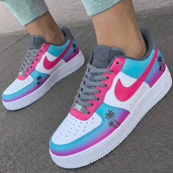 Custom AF 1s Shoes Baby Blue Pink Gray Palm Trees-oicustom