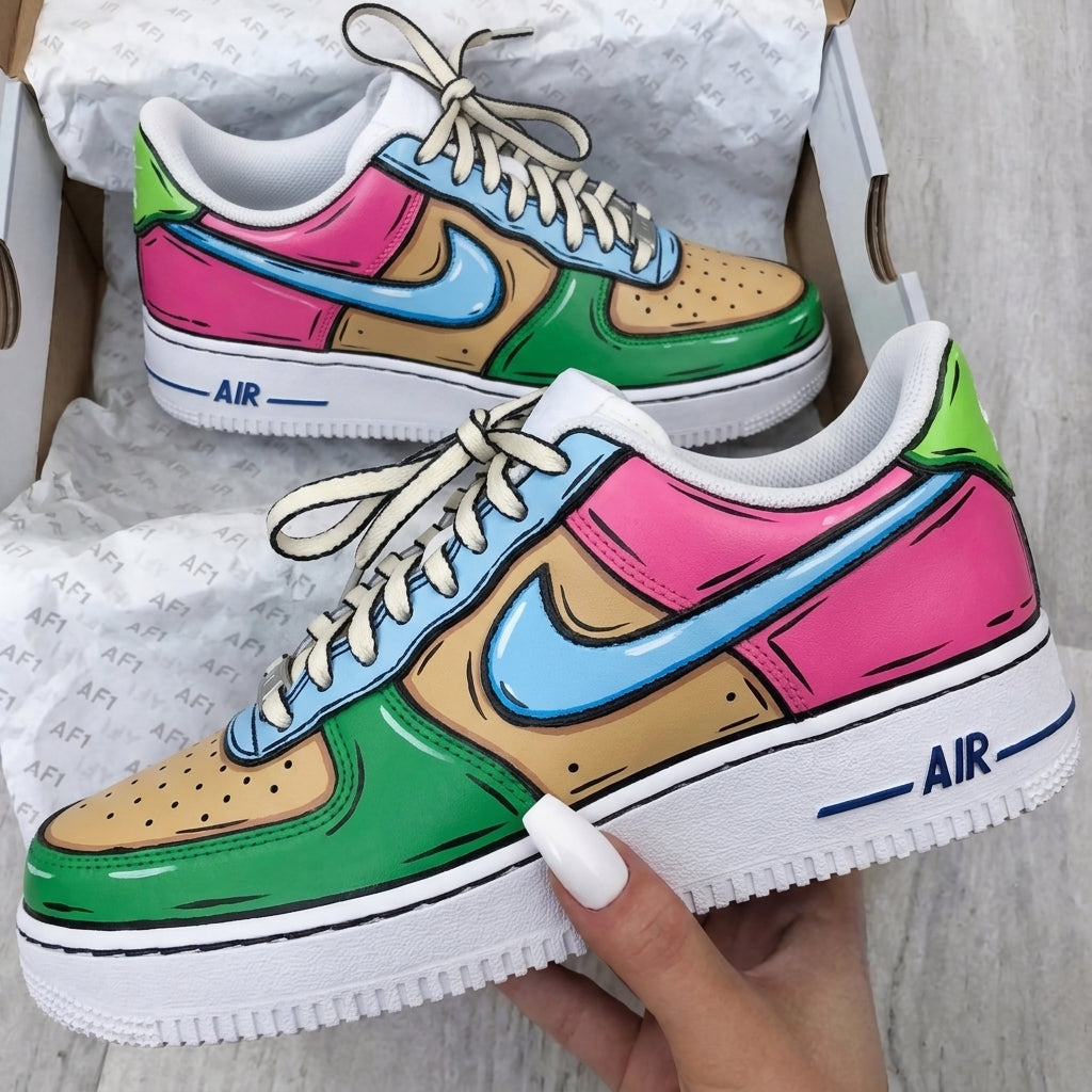 Custom AF 1s Shoes Baby Blue Pink Green Cartoon Print-oicustom