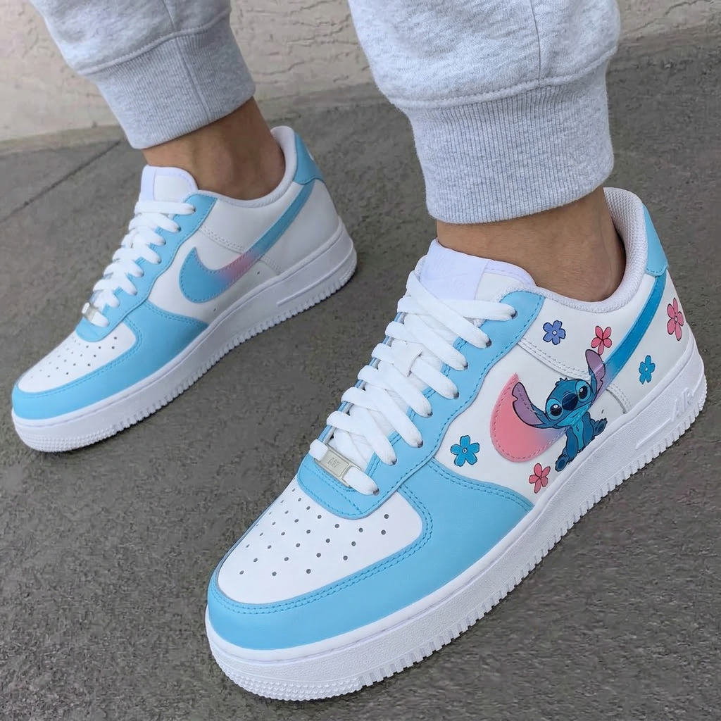 Custom AF 1s Shoes Baby Blue Pink Stitch Flowers-oicustom