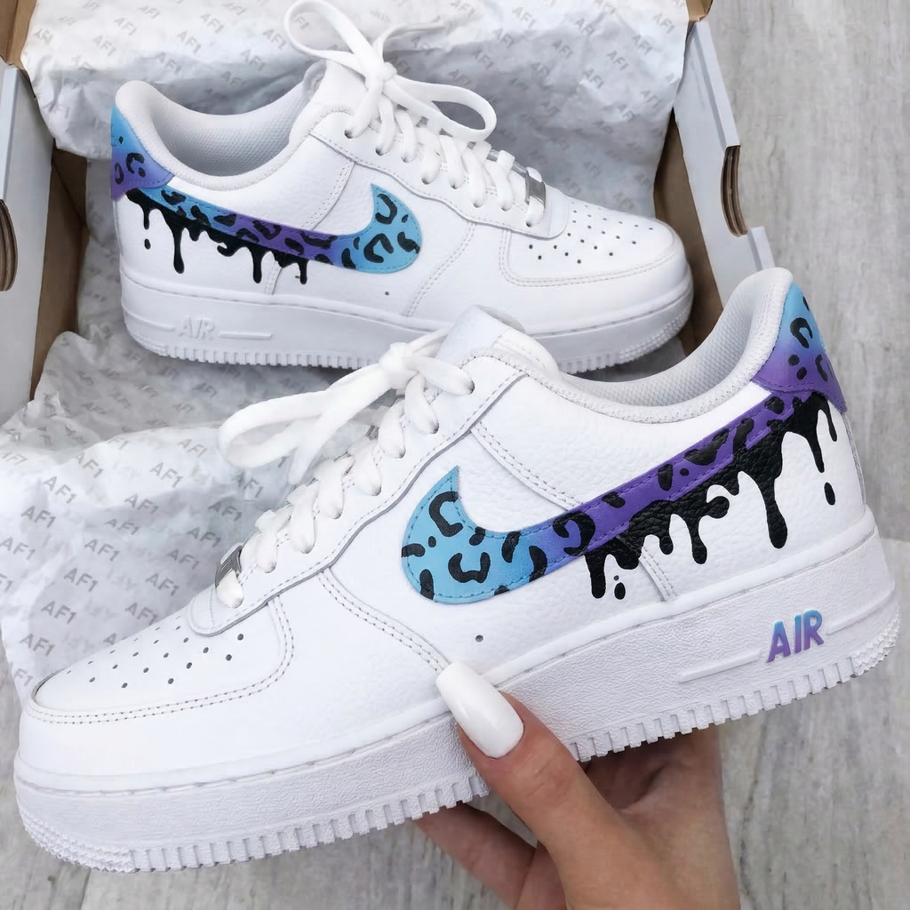 Custom AF 1s Shoes Baby Blue Purple Leopard Print Drip Effect-oicustom