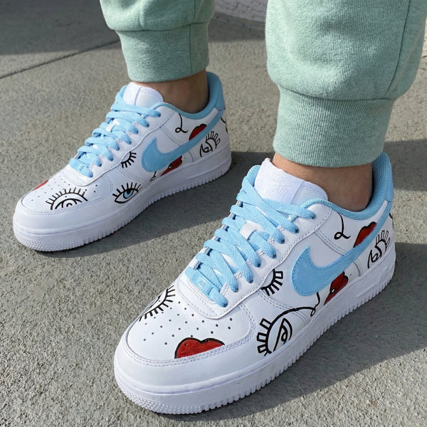 Custom AF 1s Shoes Baby Blue Red Eyes Lips Doodle-oicustom