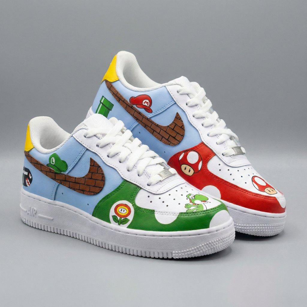 Custom AF 1s Shoes Baby Blue Red Green Super Mario Theme Mushroom Yoshi Brick Pipe-oicustom