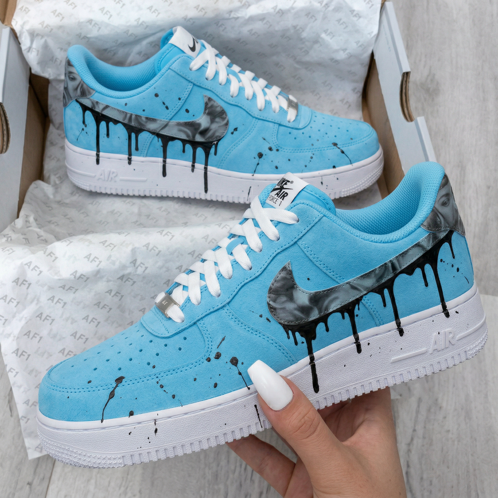 Custom AF 1s Shoes Baby Blue Suede Black Drip Splatter Gray Swoosh-oicustom