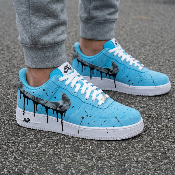 Custom AF 1s Shoes Baby Blue Suede Black Drip Splatter Gray Swoosh-oicustom