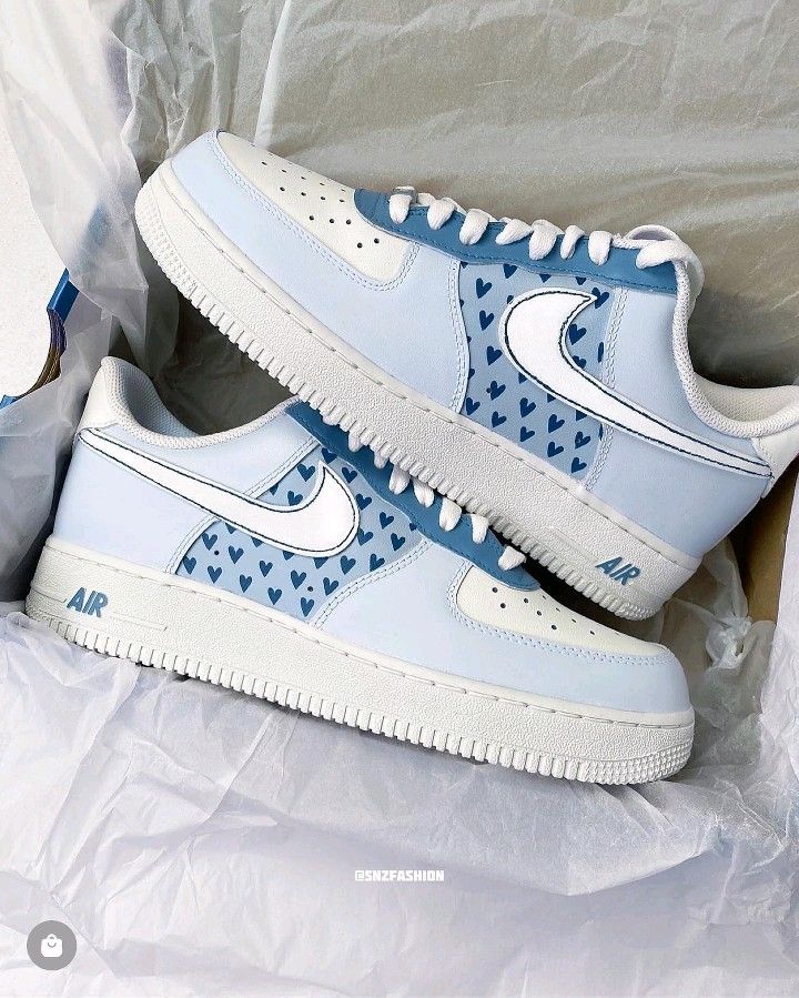 Custom AF 1s Shoes Baby Blue White Heart Pattern-oicustom