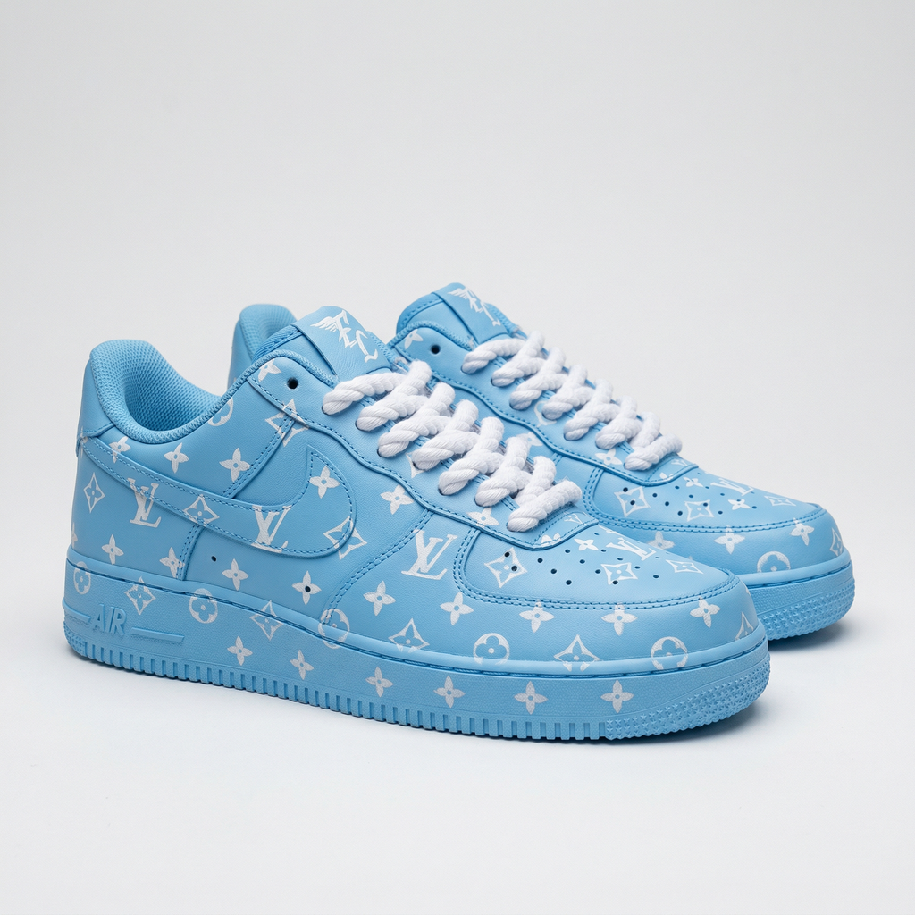 Custom AF 1s Shoes Baby Blue White LV Logo-oicustom