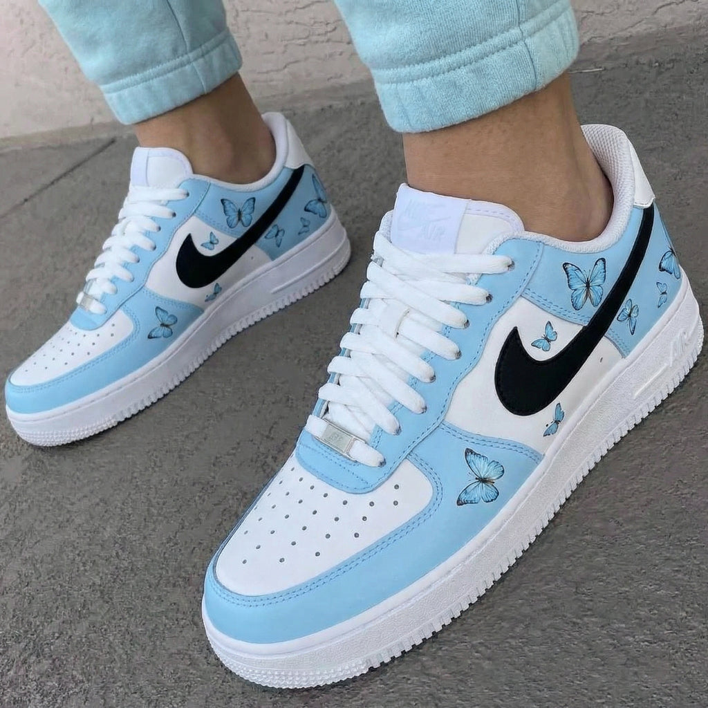 Custom AF 1s Shoes Baby Blue White with Butterflies-oicustom