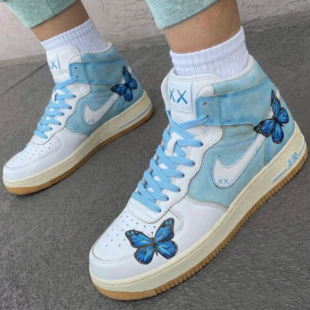 Custom AF 1s Shoes Baby Blue White with Butterflies-oicustom