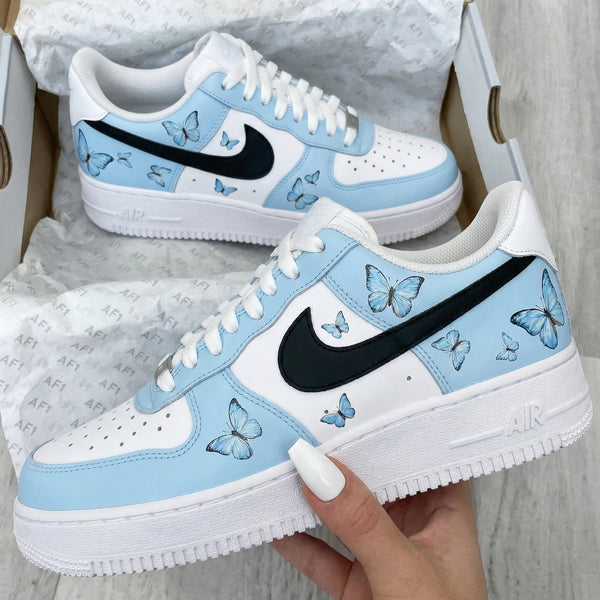 Custom AF 1s Shoes Baby Blue White with Butterflies-oicustom