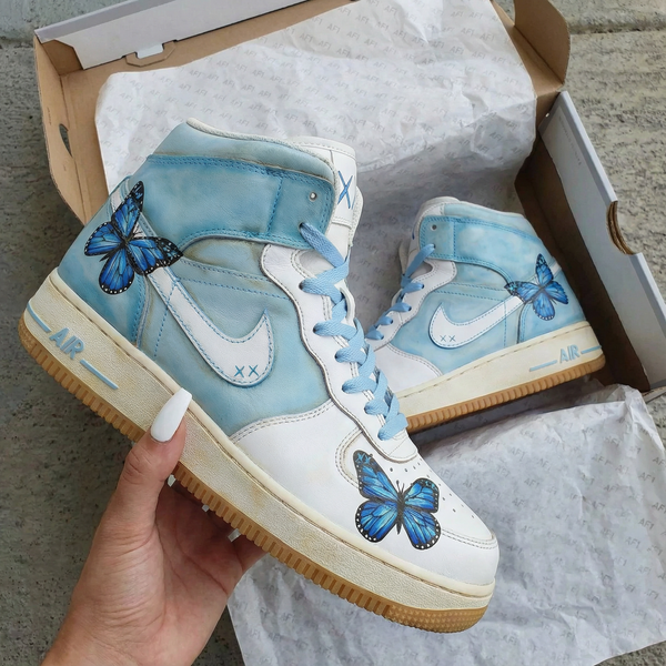 Custom AF 1s Shoes Baby Blue White with Butterflies-oicustom