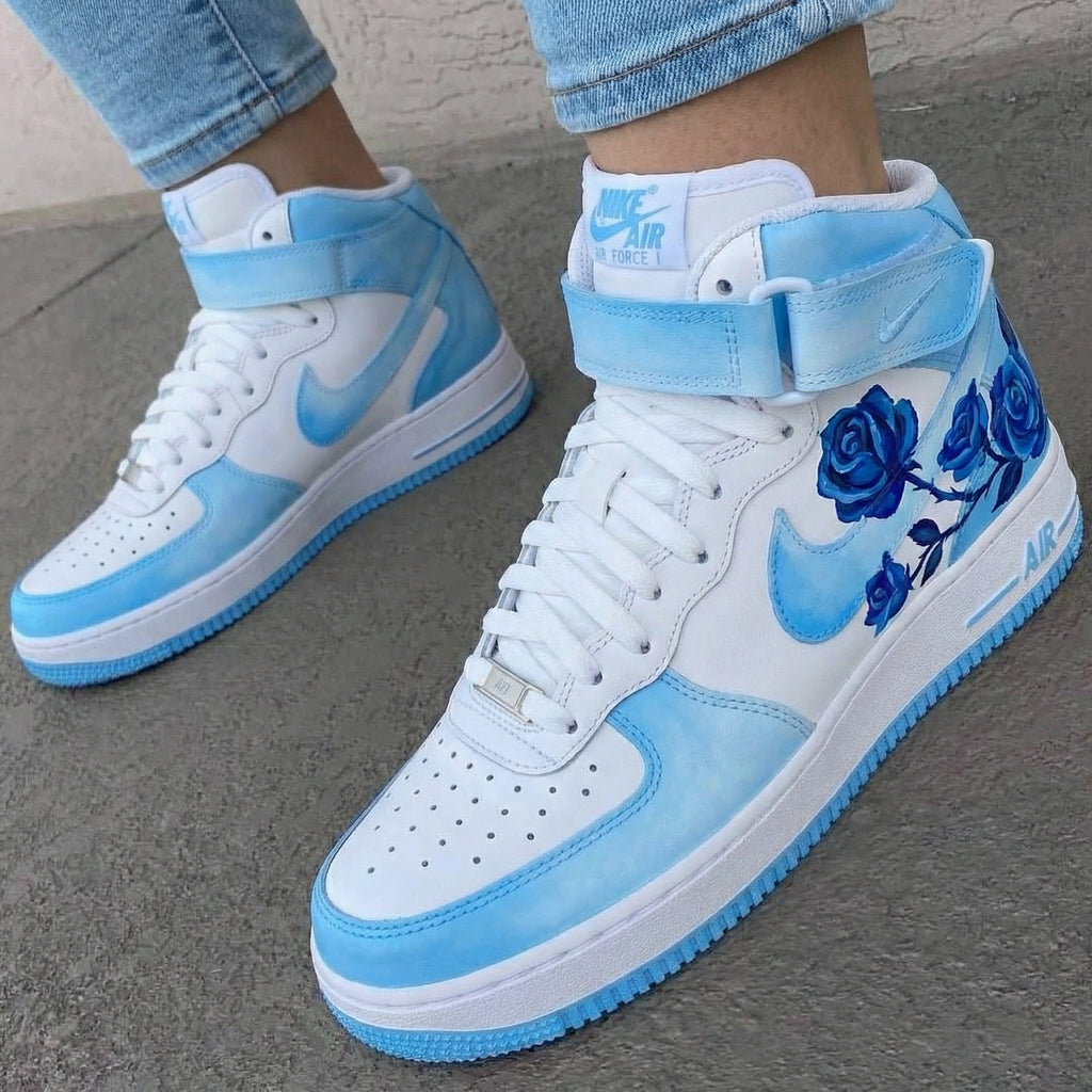 Custom AF 1s Shoes Baby Blue with Blue Roses-oicustom